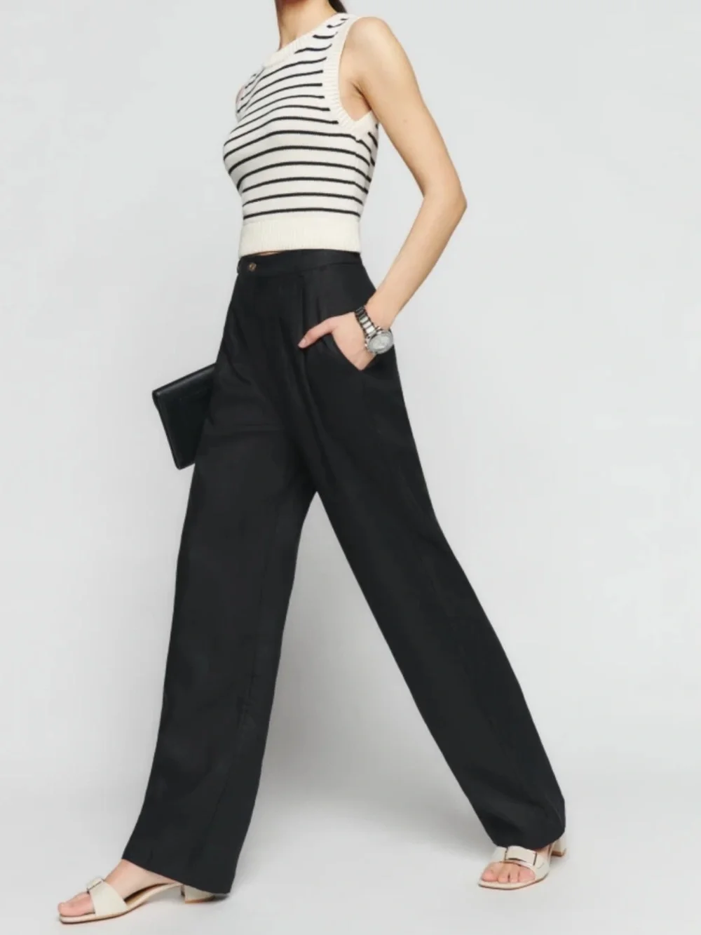 Reformation Mason Linen Wide Leg Pants 8 Black High Rise Pleated Trouser NWOT